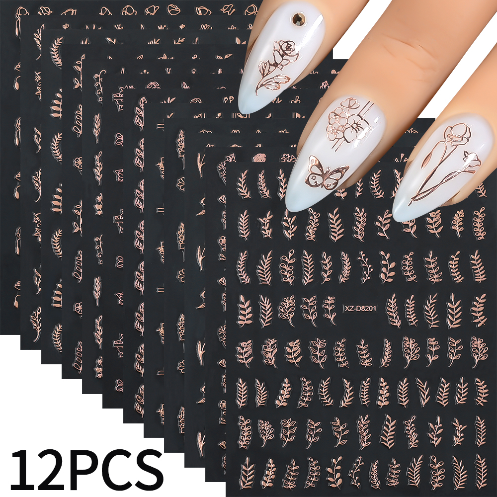 Nail Art Rose Gold - 12Pcs 3D Rose gold Leaf Nail