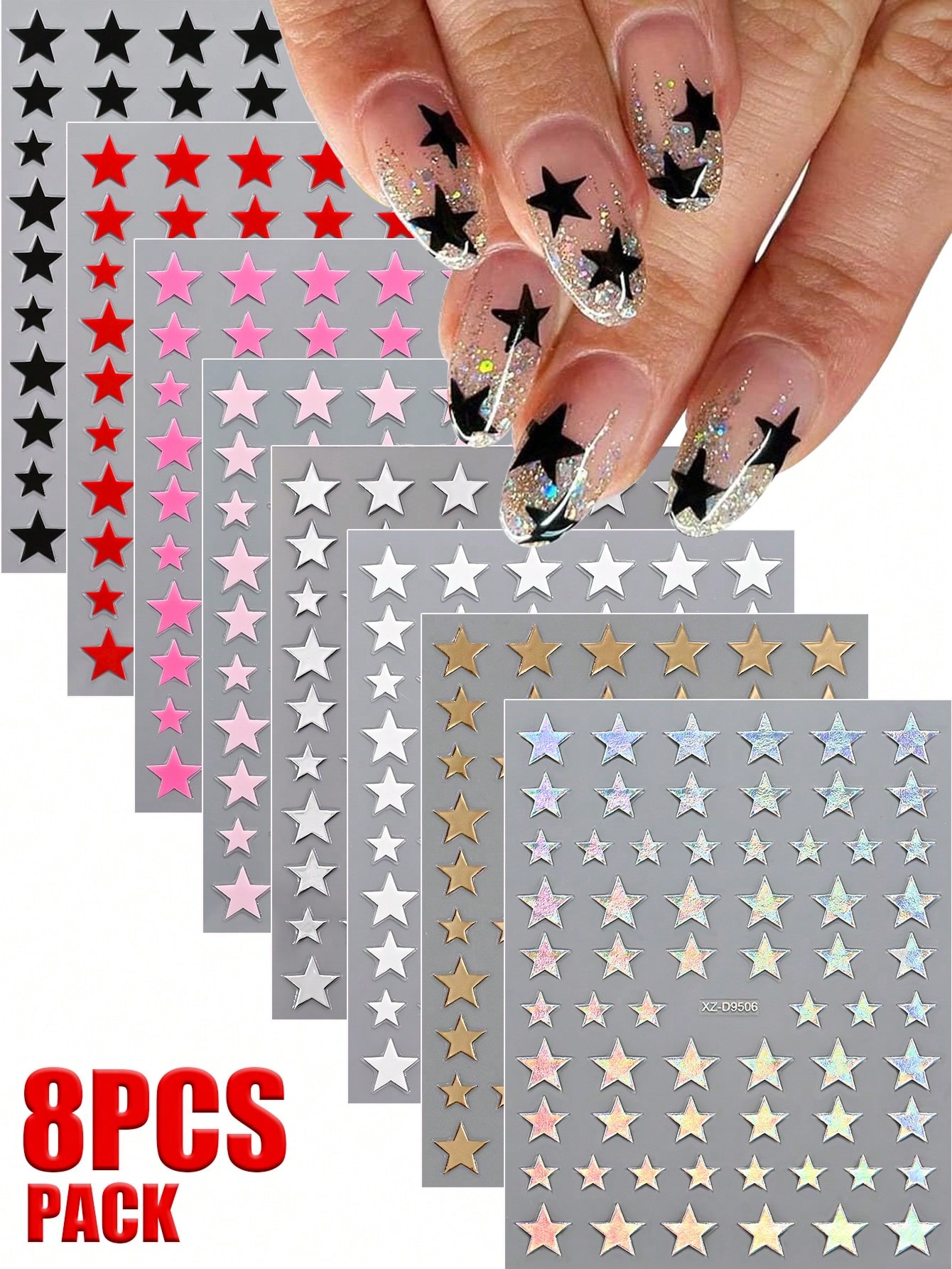 Nail Art Rose Gold - 8pcs Metal Gold & Silver Star
