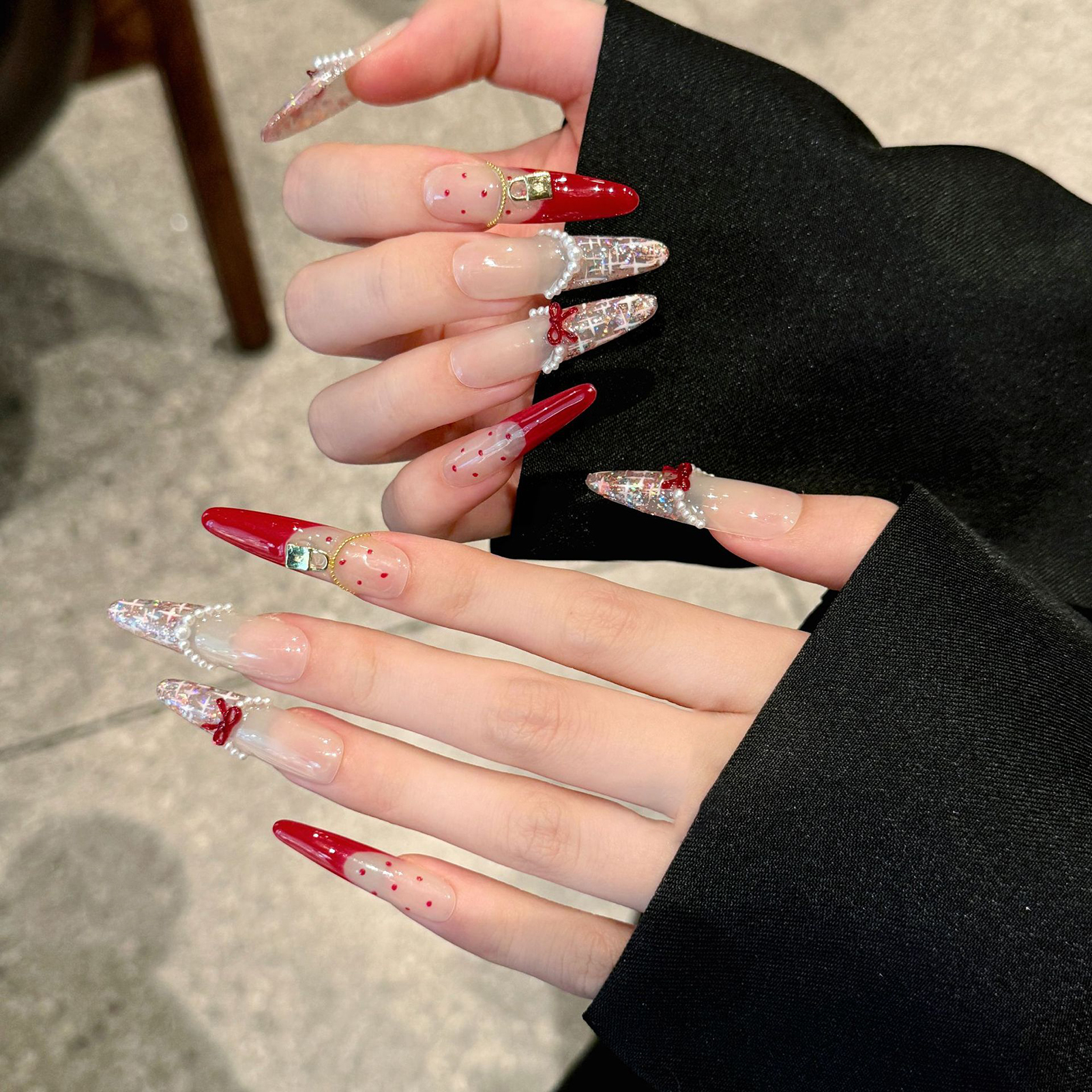Nail Art Red - Handmade Long Oval Press on Nails