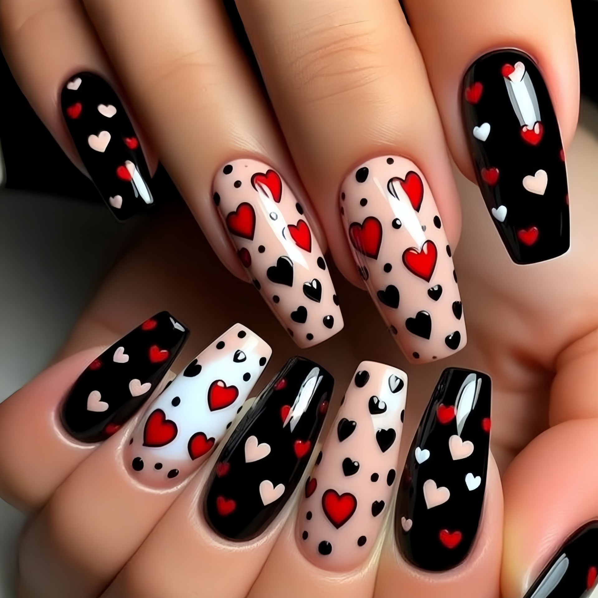 Nail Art Red - Medium long fake nails for women